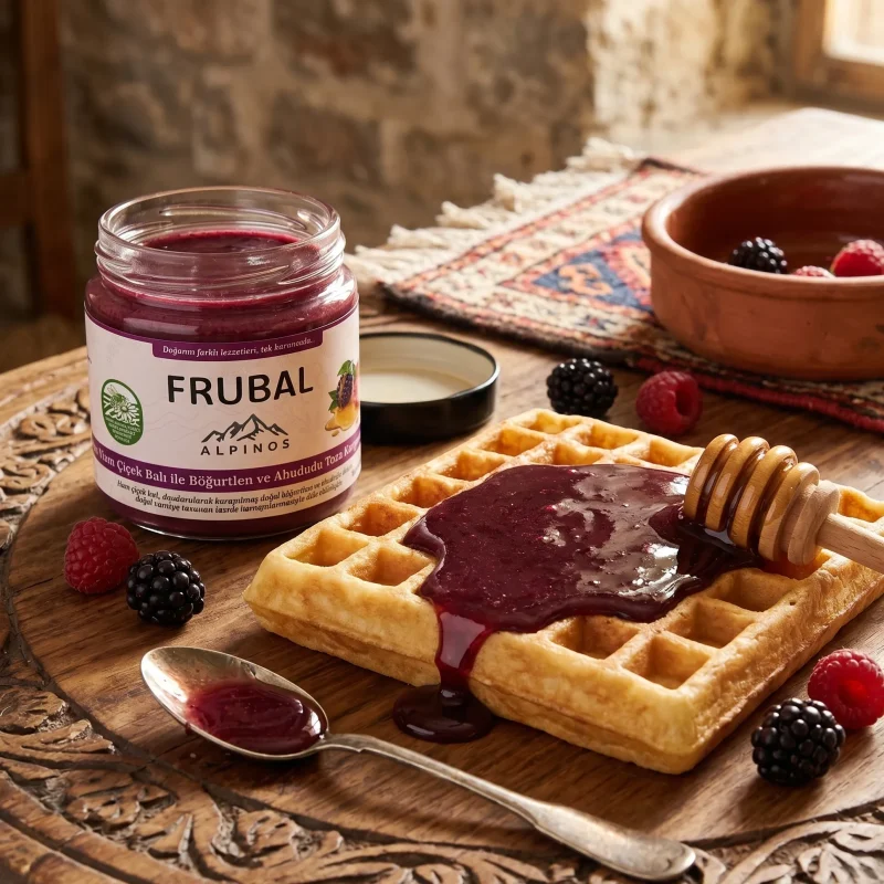 Waffle uzerine bogurtlen ahududu bal karisimi copy